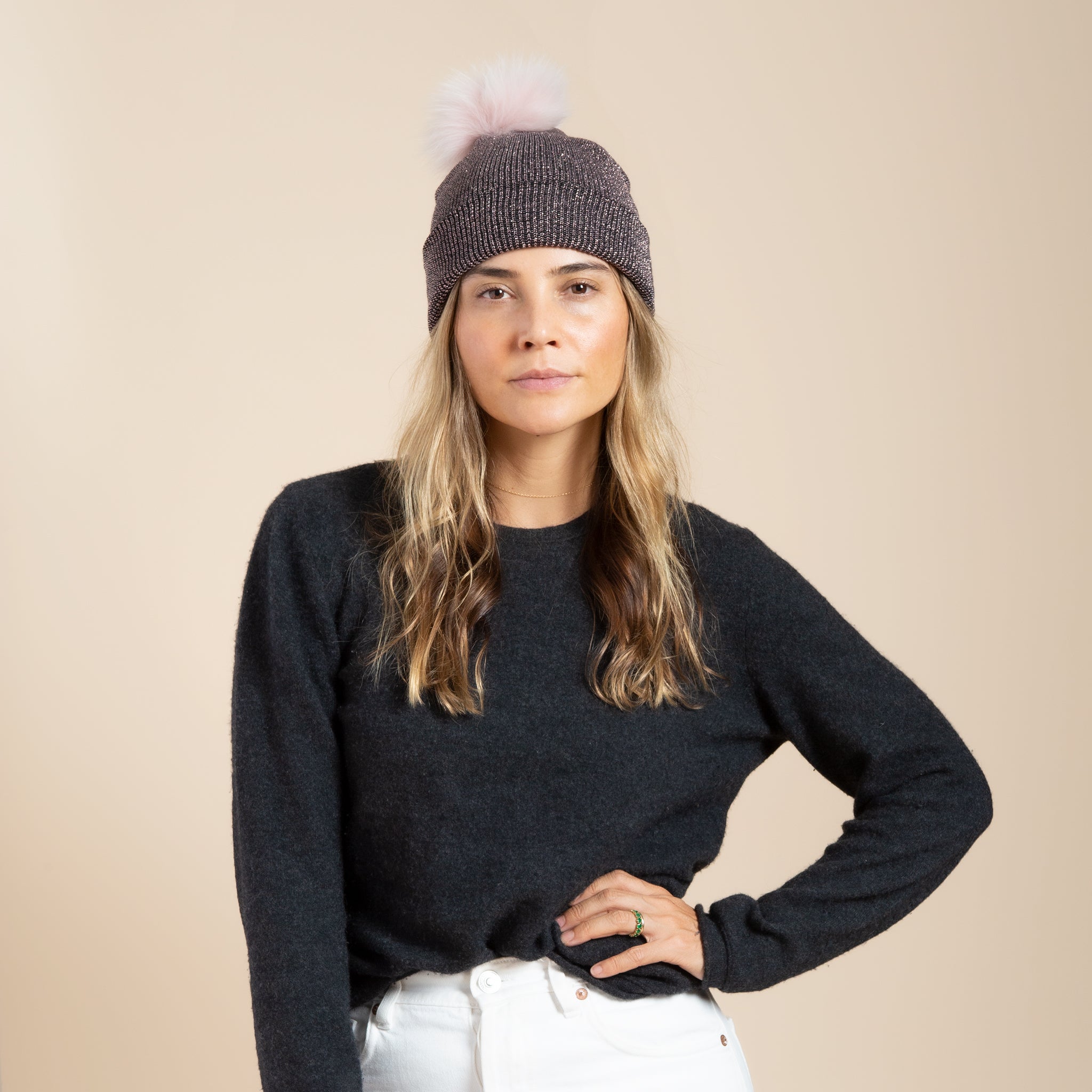 Shimmer Beanie with Pom - Mauve/Blush