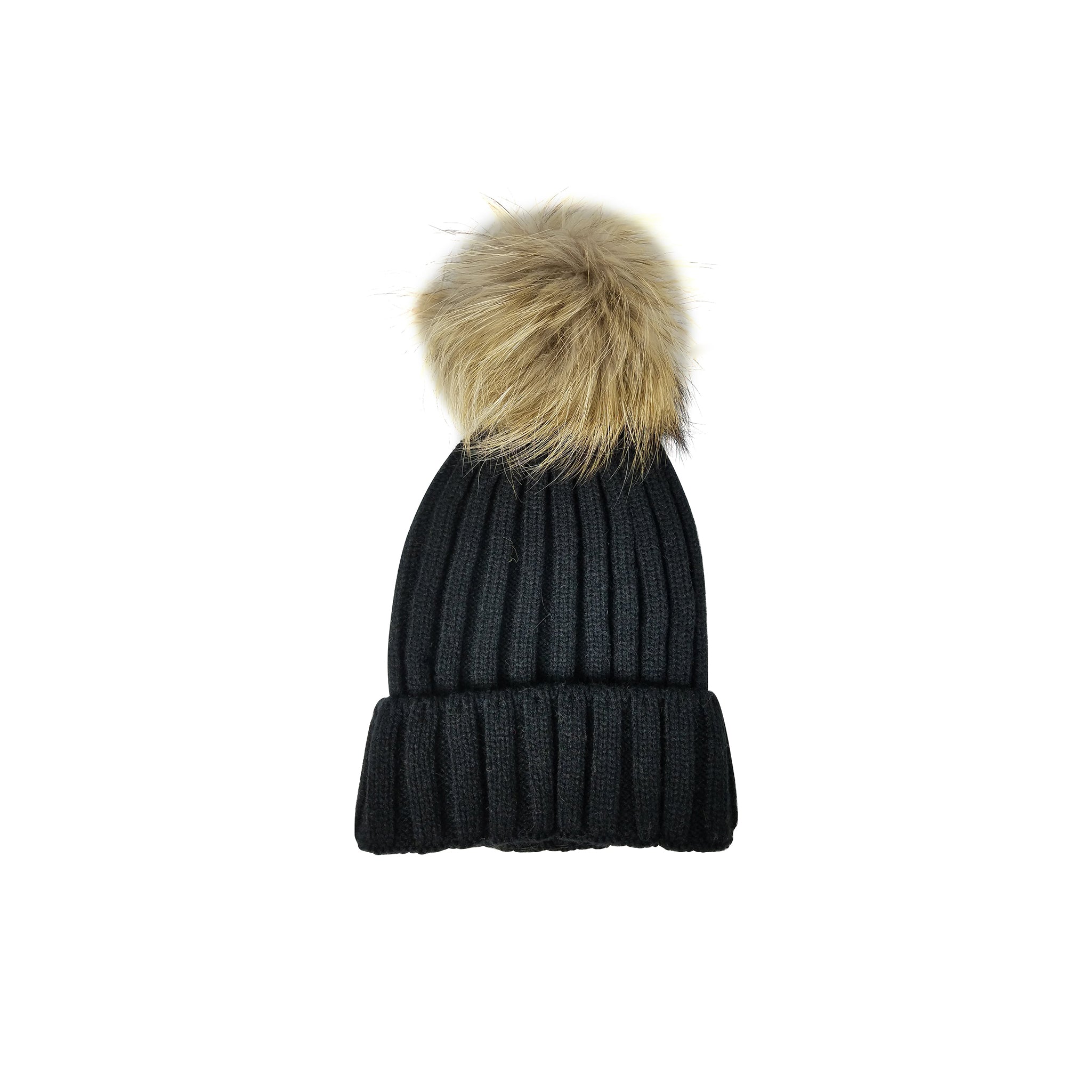 Kids Beanie with Real Fur Pom - Black/Natural Brown