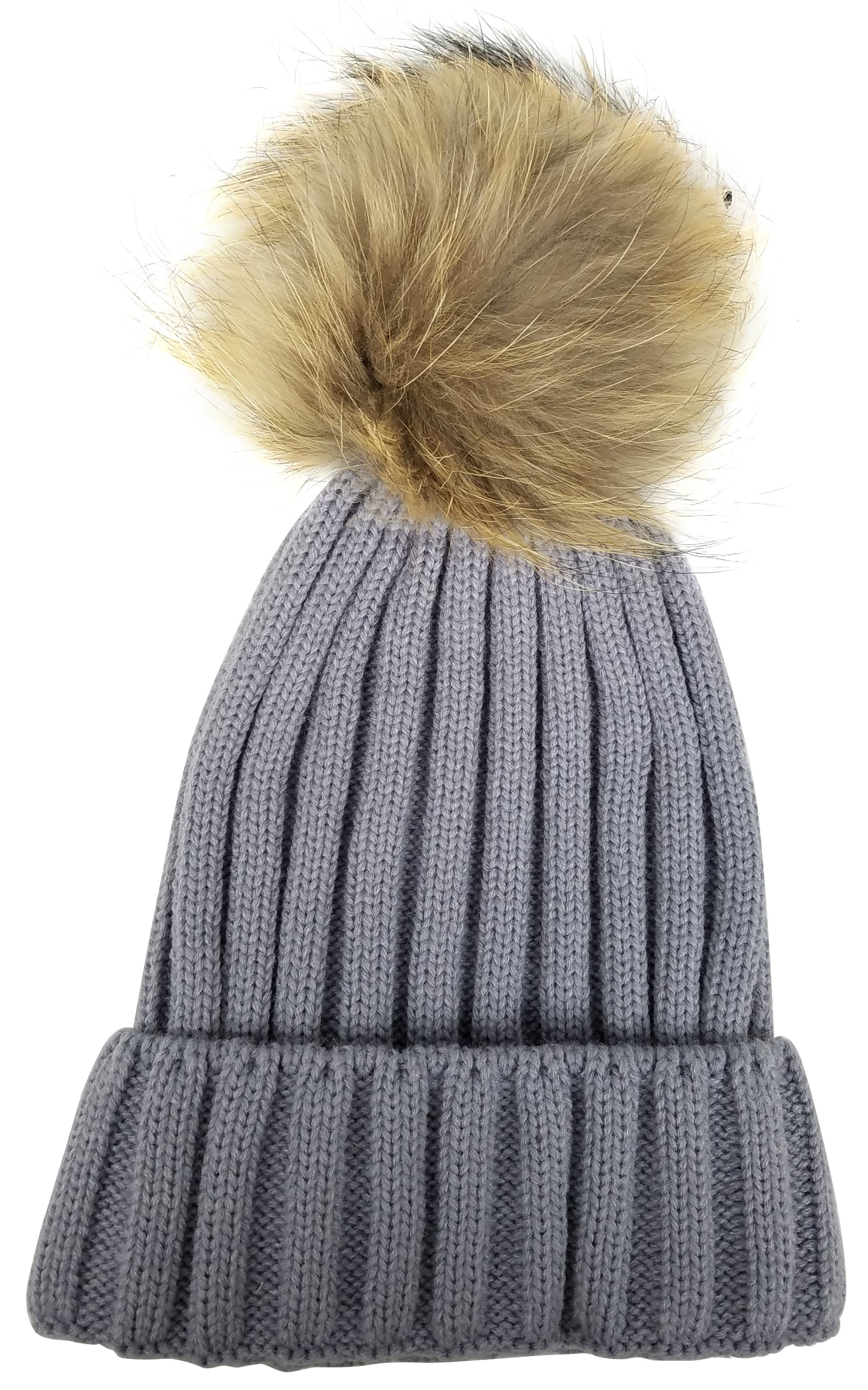 Kids Beanie with Real Fur Pom - Grey/Natural Brown