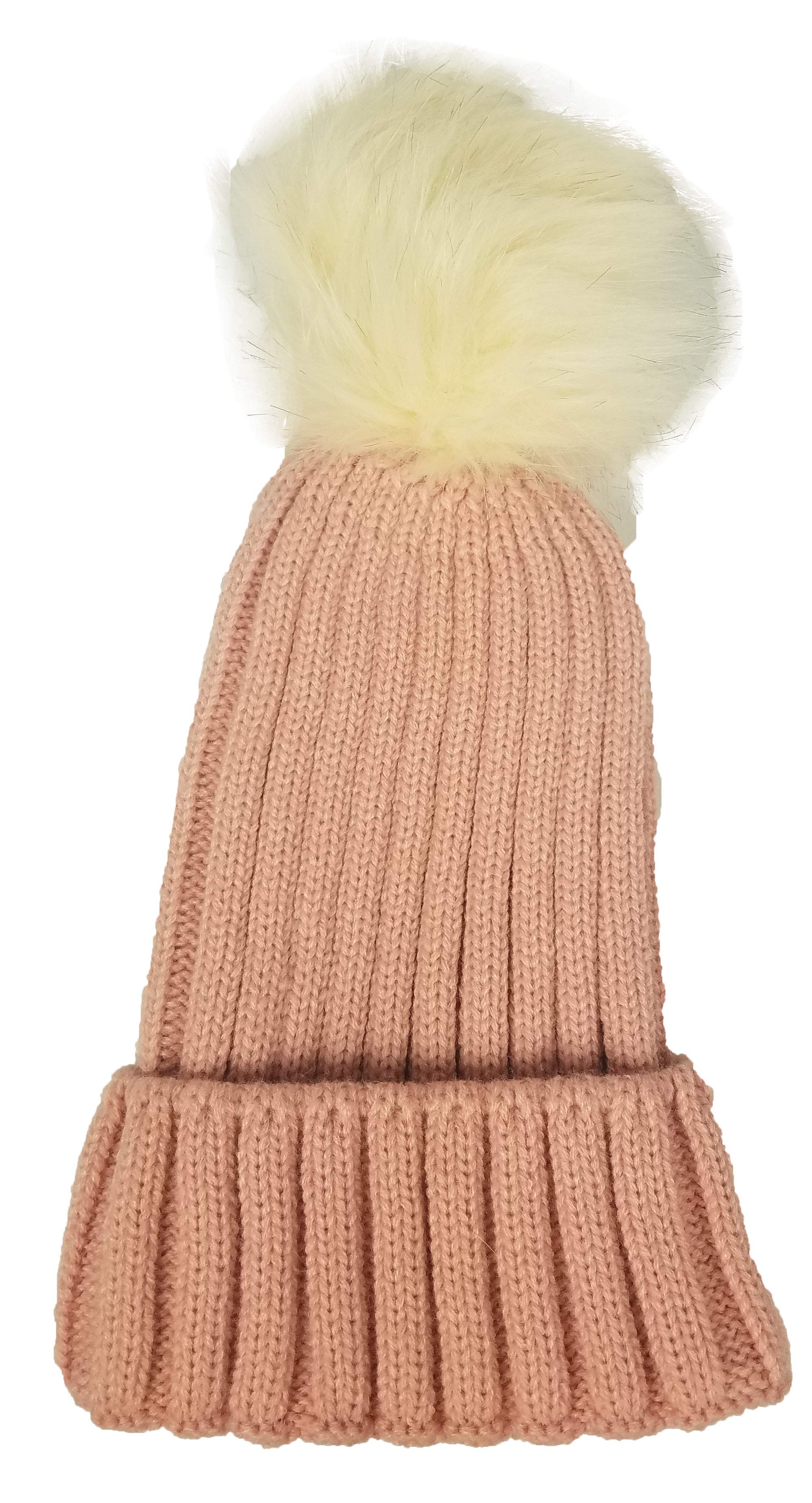 Kids Beanie with Real Fur Pom - Pink/Ivory