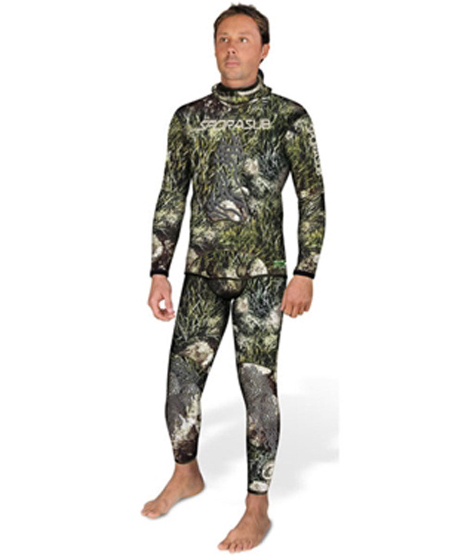 Sporasub 5mm Sea Green Mens Freediving & Spearfishing Camo Suit 2 Piece Wetsuits - Top and Bottom