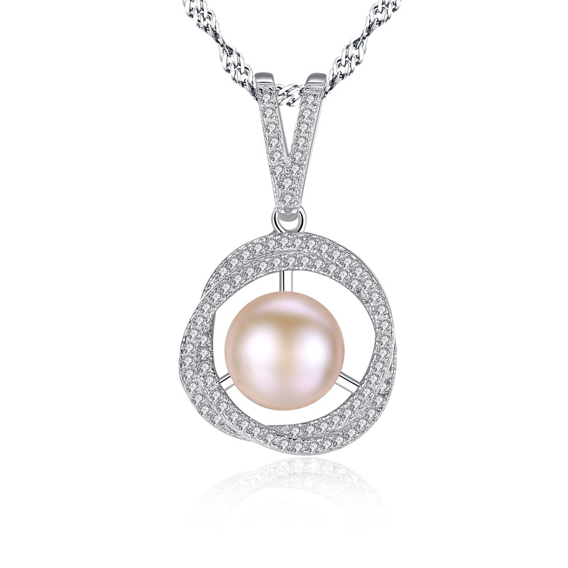 Fashion Freshwater Pearl and Diamond Pendant Necklace in Sterling Silver (7-8mm)