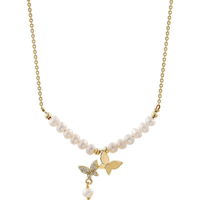 Butterfly Style White Freshwater Pearl and Diamond Pendant Necklace in 14K Gold Over Sterling Silver (2-3mm)