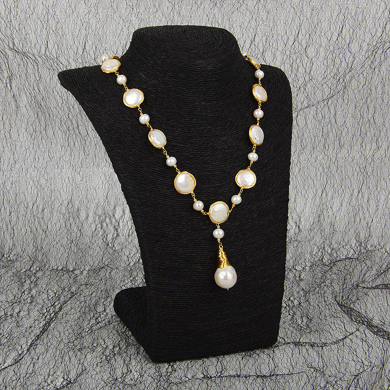 Big Baroque Pearl Pendant Necklace / Button Dainty Pearl Diamond Necklace Designs