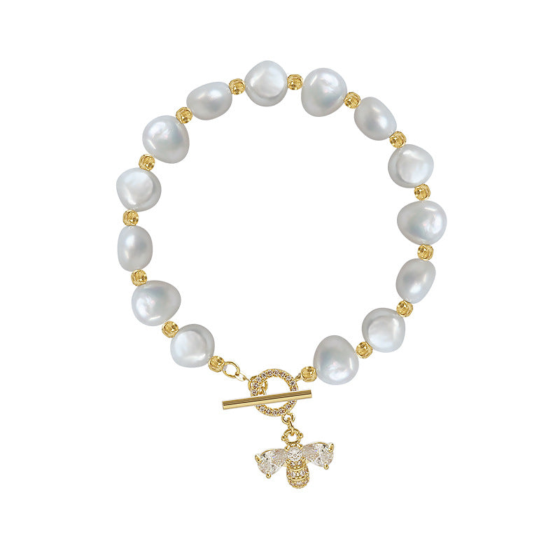 8-9mm Cultured Big Baroque Pearl Honeybee Bracelet in 14k Gold Over Sterling Silver 6.7"