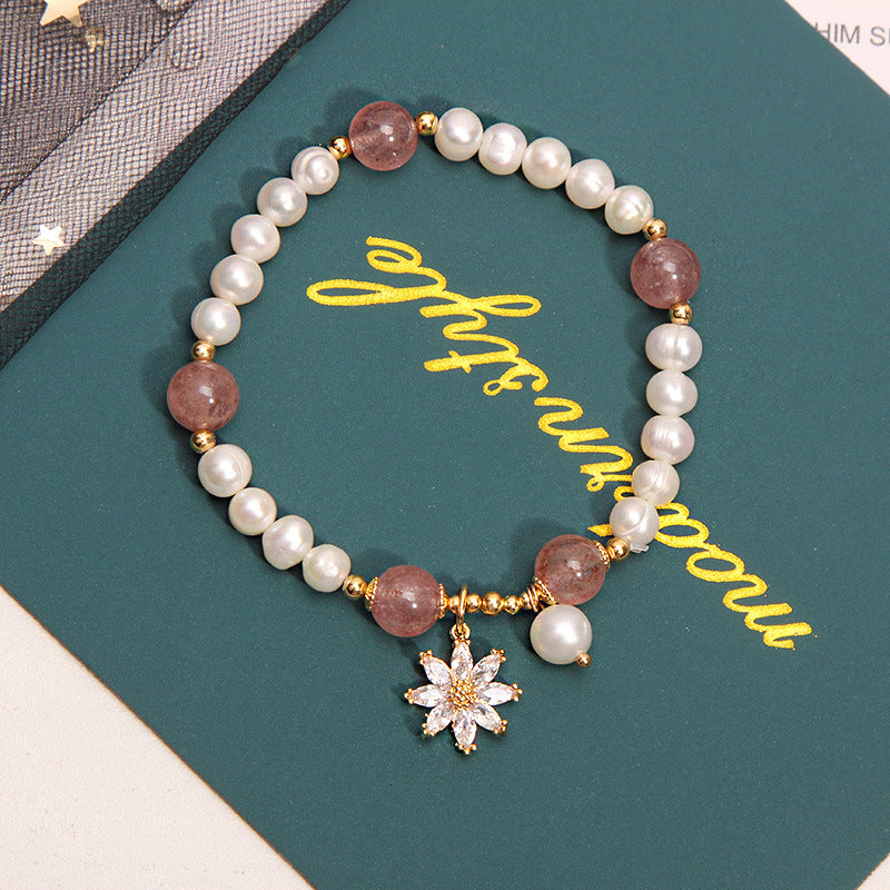 7-8mm Yellow Gold Flower With Purple Gem Freshwater Cultured Pearl Bracelet in 14K Gold Over Sterling Silver