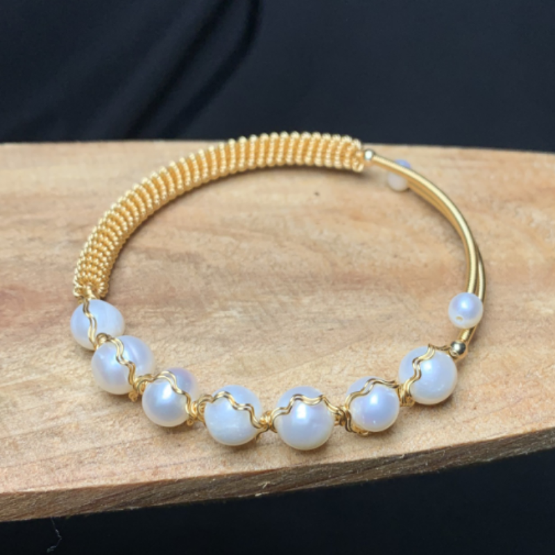 Cultured Freshwater Pearl Bangle Bracelet in 14k Gold Over Sterling Silver