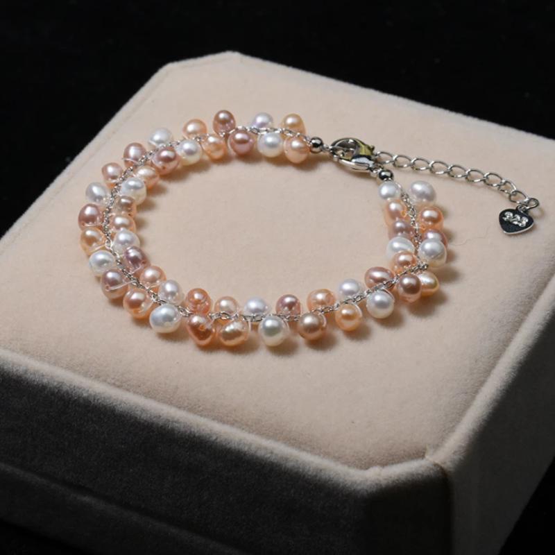 3-4mm Multicolor Cultured Pearl Double Strand Bracelet in Sterling Silver