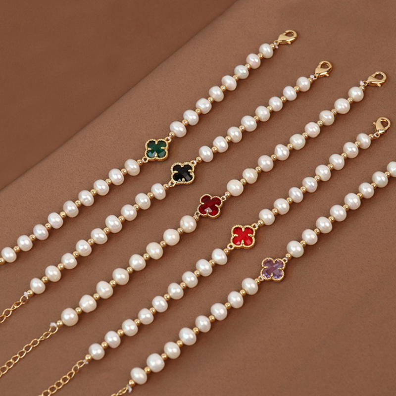 7-8mm White Freshwater Cultured Round Pearl Bracelet in 14K Gold Over Sterling Silver Four Leaf Clover Clasp