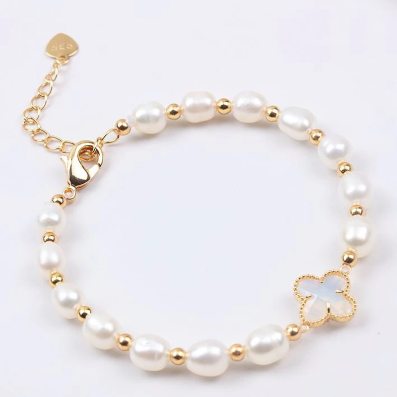 7-8mm White Freshwater Cultured Near Round Pearl Bracelet in 14K Gold Over Sterling Silver Four Leaf Clover Clasp