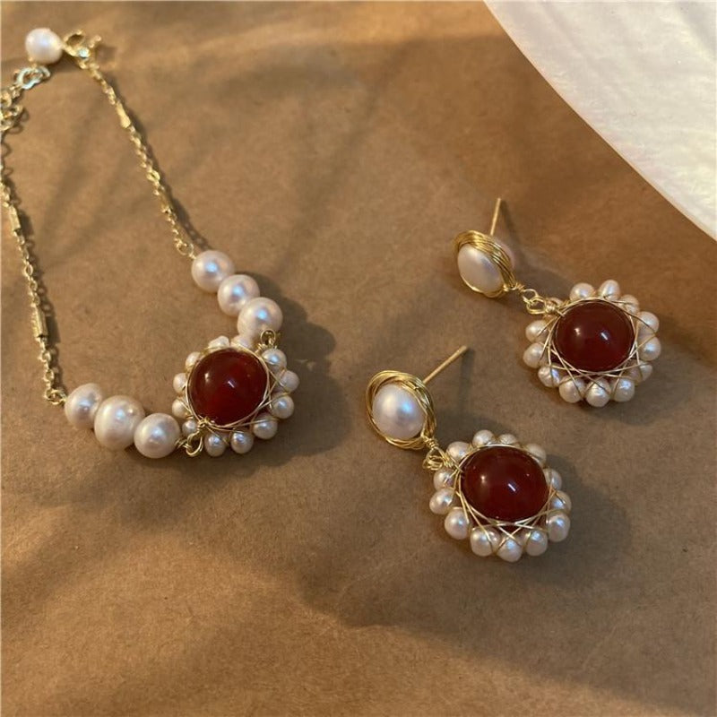 Sunflower Shape Freshwater Pearl  Red Jade Bracelets And Earrings  Gift Jewellery Set