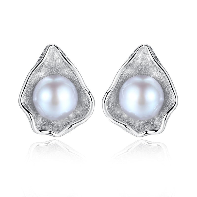 8-9mm AAAA Freshwater Cultured Shell Shape Pearl Stud Earrings in Sterling Silver