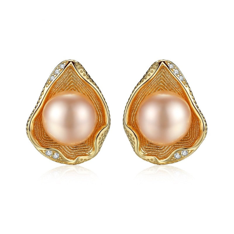 Shell Shape Pearl Earrings 18K Gold / Pink Freshwater Real Pearl Stud Earrings- Huge Tomato Jewelry