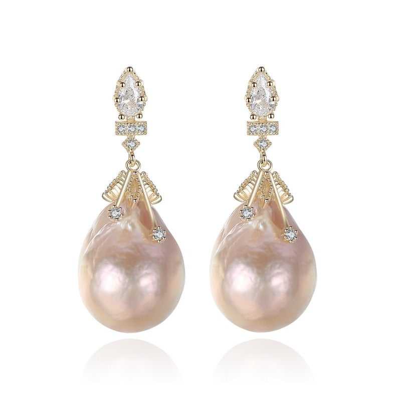 AAAA Real Big Baroque Pearl and Diamond Drop Earrings in 18K Gold Over Sterling Silver?11-12mm?