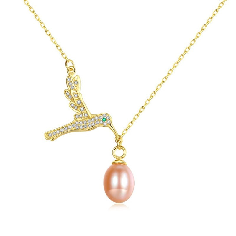 Pigeon Shape Freshwater Pearl and Diamond Pendant Necklace in 14K Gold Over Sterling Silver (7-8mm)