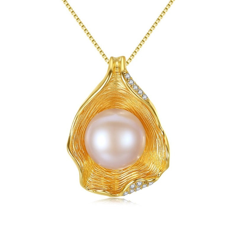 Shell Shape Cultured Freshwater Pearl Pendant Diamond Necklace 14K Gold Over Sterling Silver