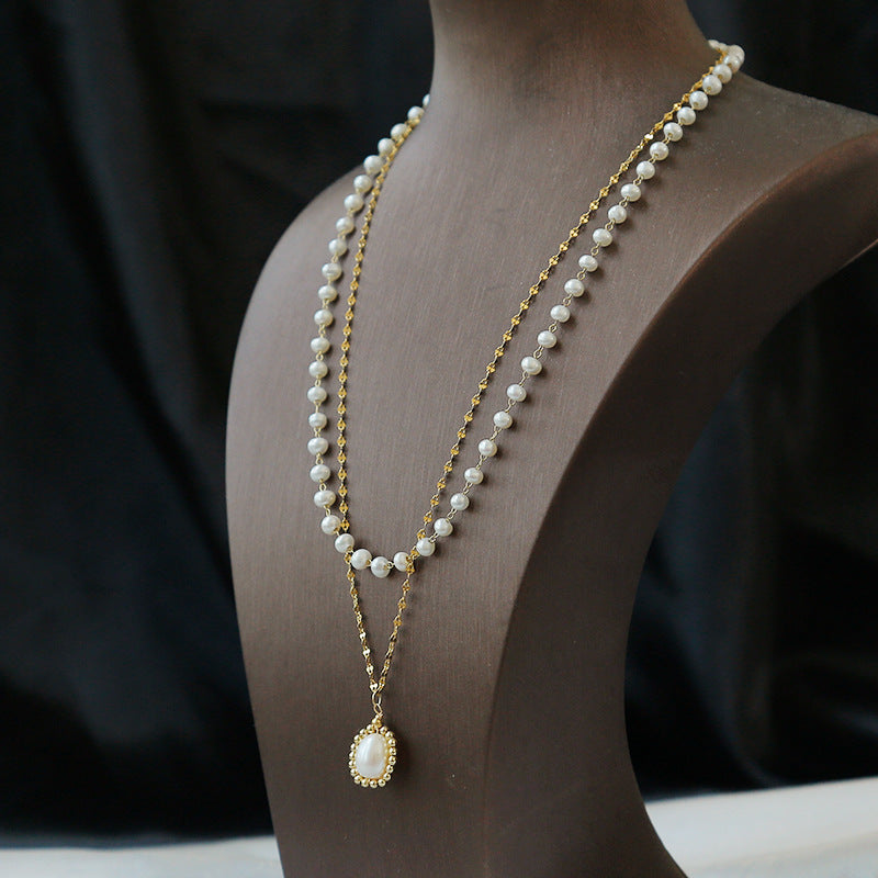 Cultured Freshwater Pearl Pendant Double Strand Necklace with 18K Gold Over Sterling Silver