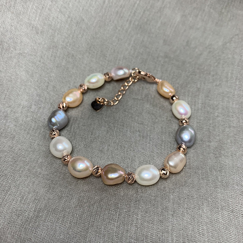 9-10mm Colourful Real Freshwater Cultured Pearl Bracelet in 14K Gold Over Sterling Silver Clasp