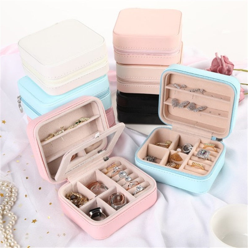 Double-layer Women's Mini stud earrings rings Jewelry Box Useful Makeup Organizer With Zipper Travel Portable Jewelry PU Box