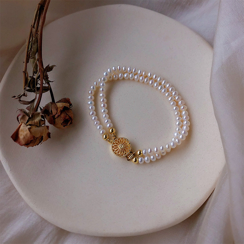 5-6mm White Cultured Pearl Double Strand Bracelet in 14K Gold Over Sterling Silver 7"