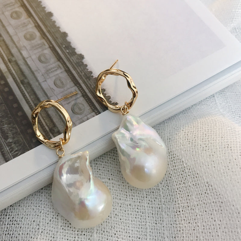 15-16mm AAAA White Real Big Baroque Pearl Drop Earrings in 14K Yellow Gold For Dainty Wedding Earrings Jewelry