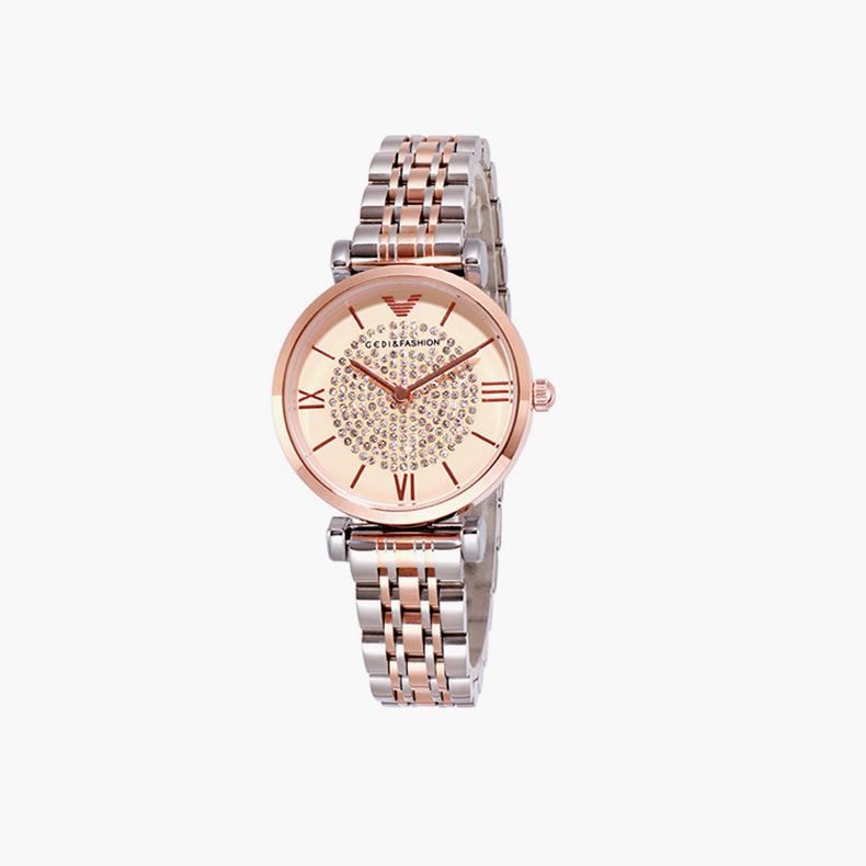 Gold Stainless Steel Band Wrist Women Watch Diamond