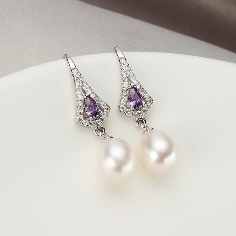 French Royal Style Pearl Earrings 18K Gold With Crystal / White Freshwater Real Pearl Drop Earrings / Huge Tomato Jewelry