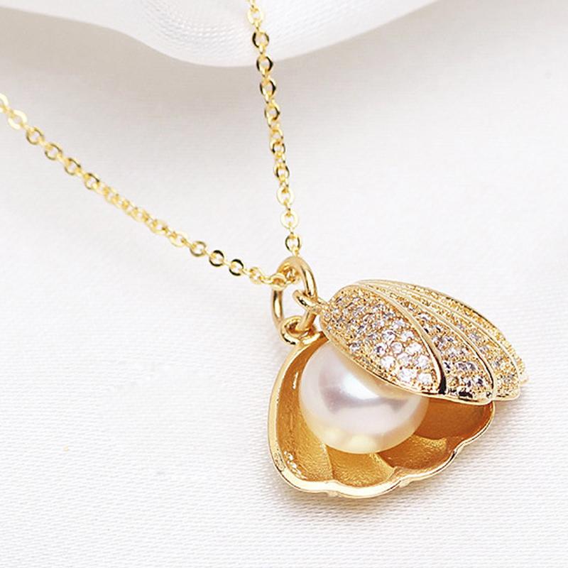 Shell Shape Freshwater Pearl and Diamond Pendant Necklace in 14K Gold Over Sterling Silver (8-8.5mm)