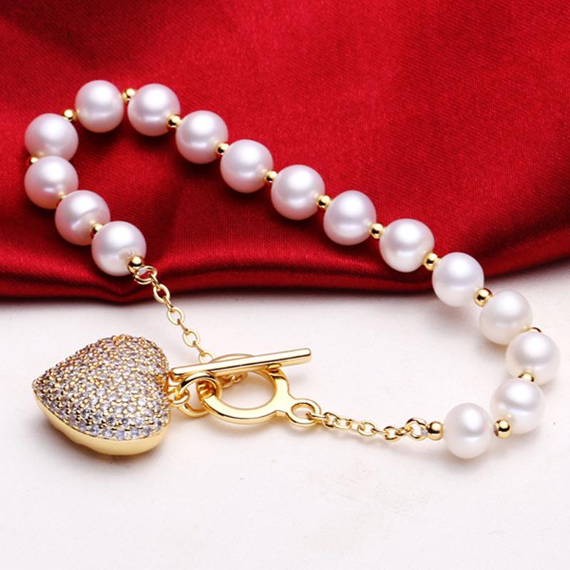 9-10mm Big Love Gold Freshwater Cultured Pearl Bracelet in 14K Gold Over Sterling Silver Clasp 7"