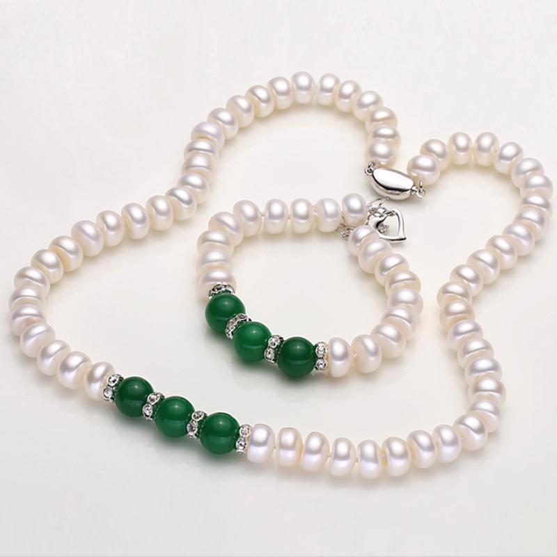 Real Pearl Pendant Necklace / Green Red Jade Freshwater Pearl Necklace And Bracelet Pearl Jewellery Set