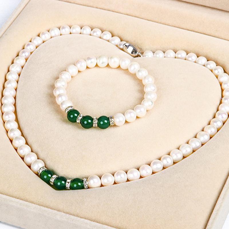 Real Pearl Pendant Necklace / Green Jade Dainty Freshwater Pearl Necklace Bracelet And Earrings Pearl Jewellery Set