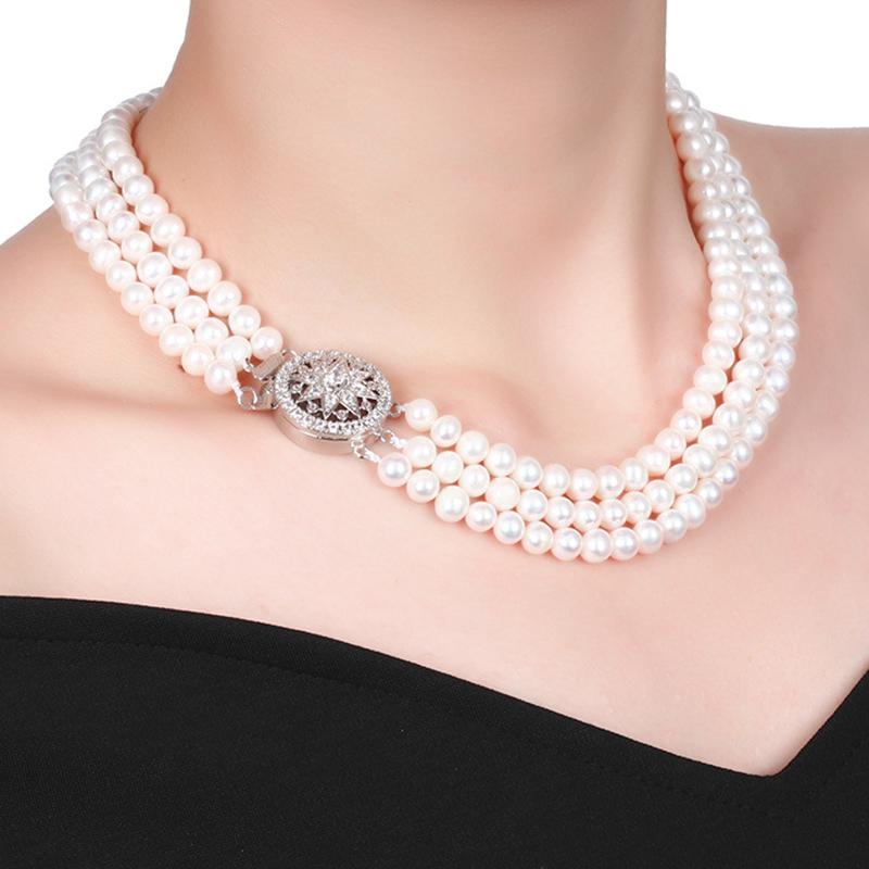 7-8 mm Cultured Freshwater Multi Strand Round Pearl Necklace with Sterling Silver