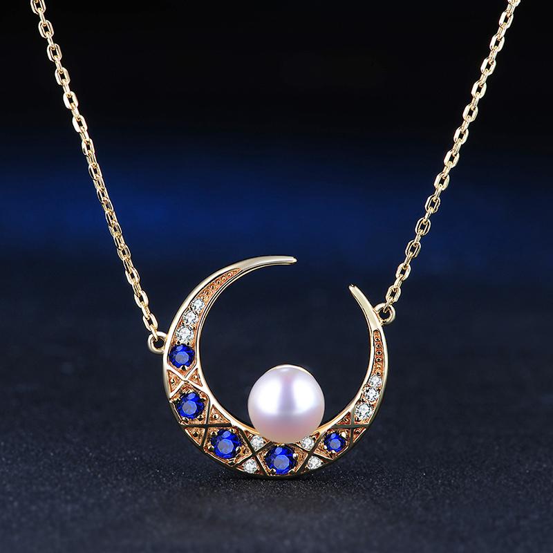 Sapphire Moon Freshwater Pearl and Diamond Pendant Necklace in 14K Gold Over Sterling Silver (6-6.5mm)