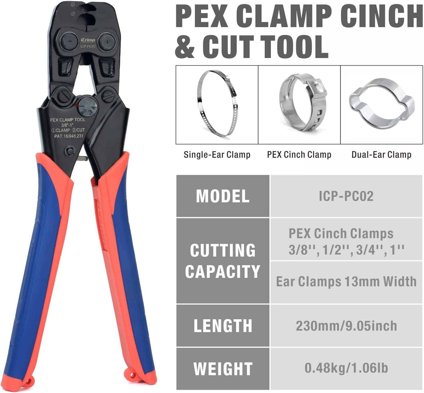 ICP-PC02 PEX Clamp Tool for 3/8,1/2,3/4,5/8 and 1-inch Stainless Steel Clamp Rings, PEX Ring Removal Tool