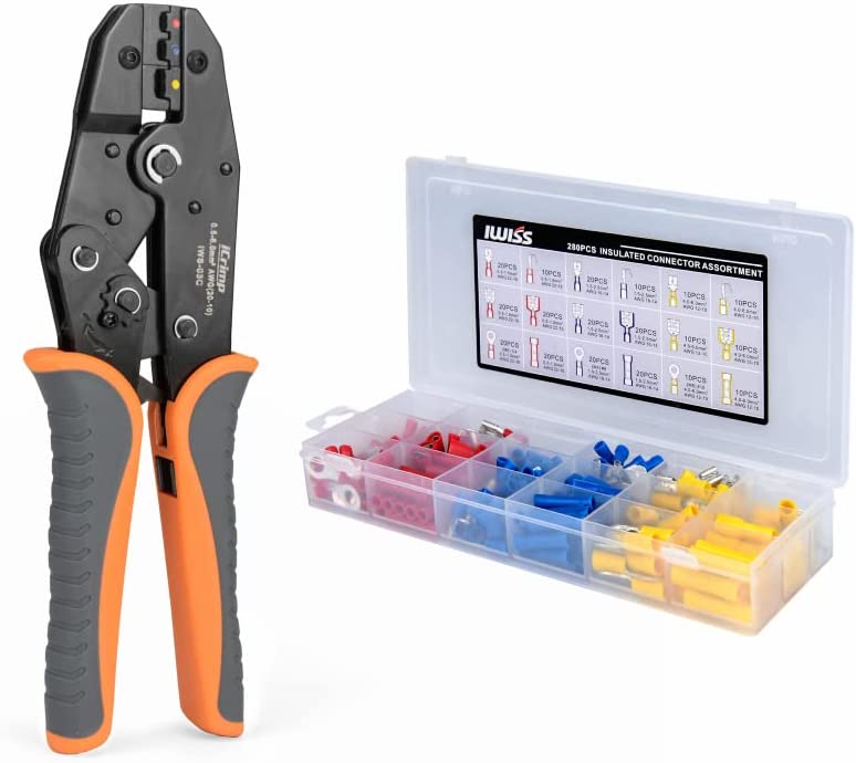 Ratchet Wire Crimper for AWG20-10 Insulated Terminal with 285pcs Insulated Butt, Spades, Rings Connectors Kit