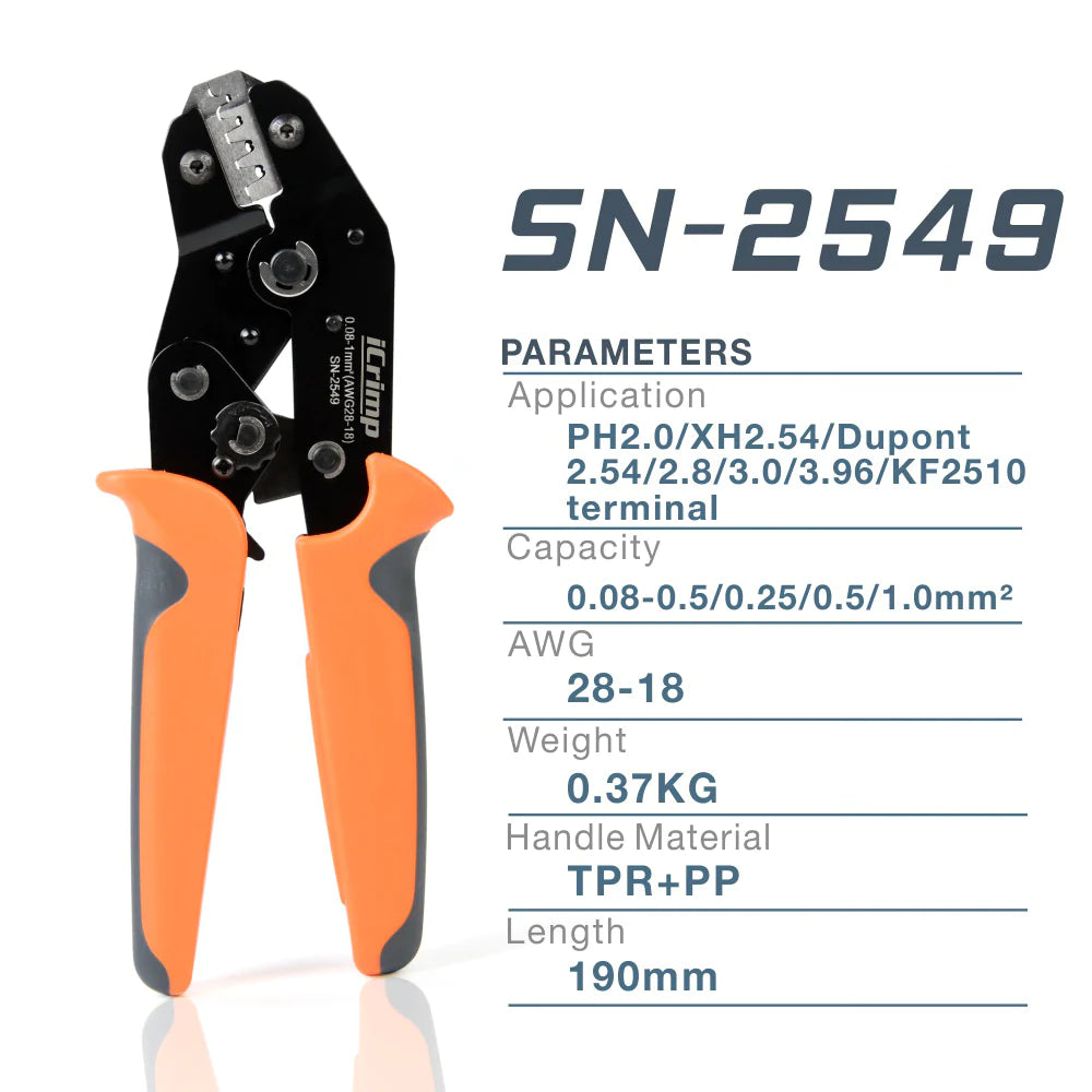 SN-2549 Ratcheting Wire Crimper for JST ZH 1.5mm,PH 2.0mm,XH 2.5mm, VH 3.96mm, Dupont 2.54mm Pitch Open Barrel Terminals