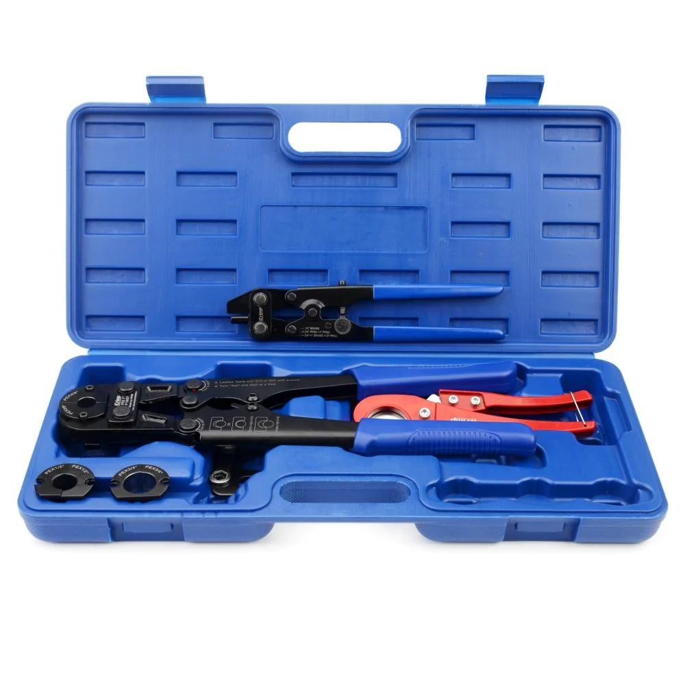 F1807 PEX Crimp Tool Kit with 3/8,1/2,3/4,1-inch Jaws, Pex Cutting Tool,  Removal Tool, Go/No-Go Gauge