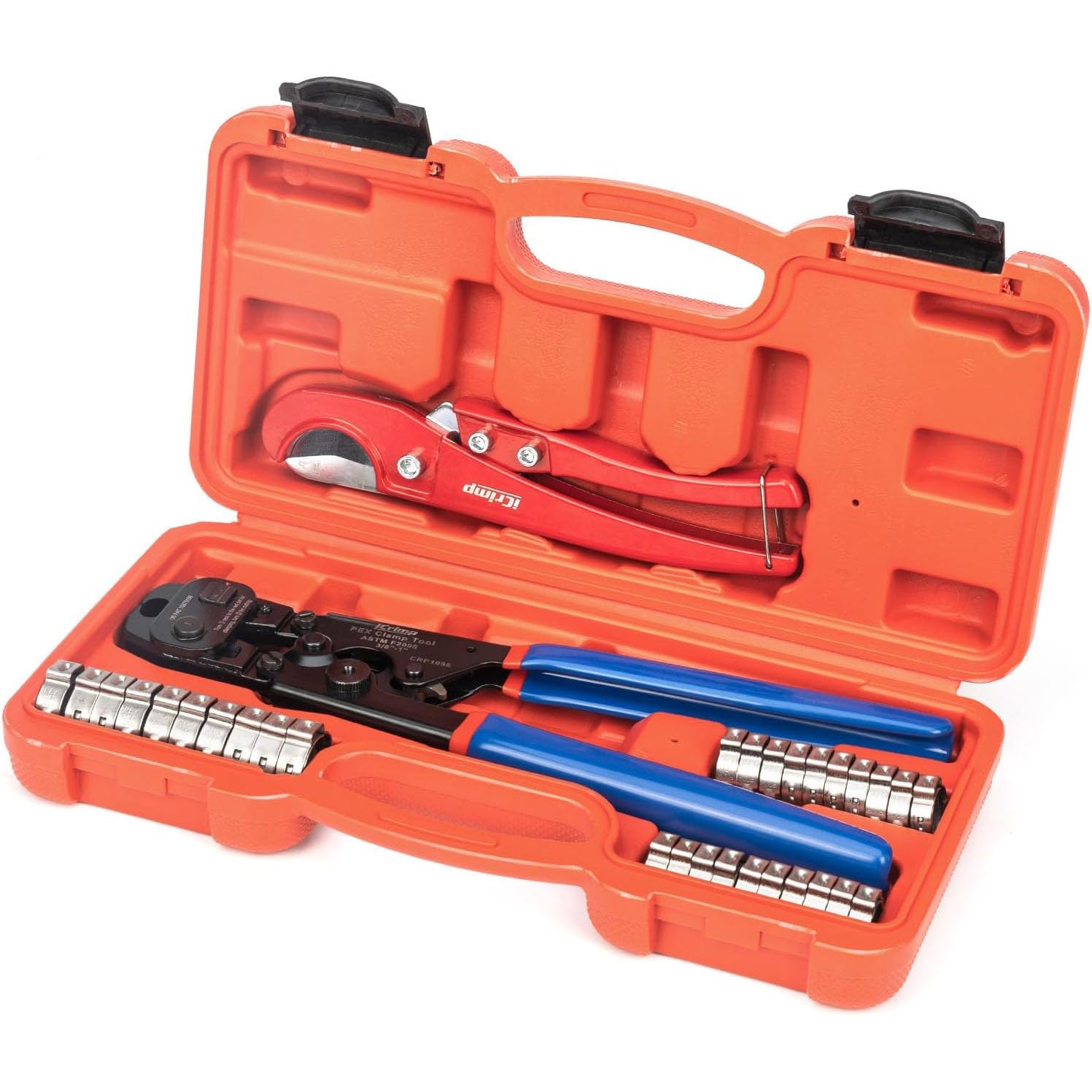 3/8-in, 1/2-in, 3/4-in, 1-in PEX Clamp Tool Kit with PEX Cutter, 1/2-in(20-Pack) & 3/4-in(10-Pack) Clamp Rings