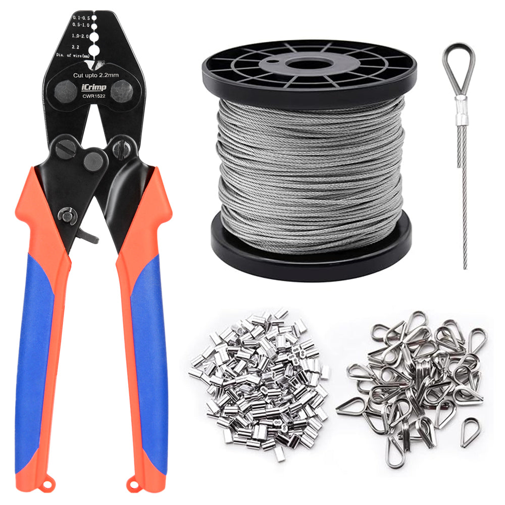 Wire Rope Crimping Tool Kit with Stainless Stee Wire Rope, Aluminum Crimping Sleeves and Stainless Steel Thimbles