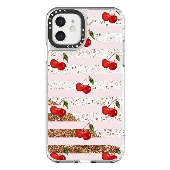 Pink Stripes Cherry Glitter Phone Case - iPhone 12 Case