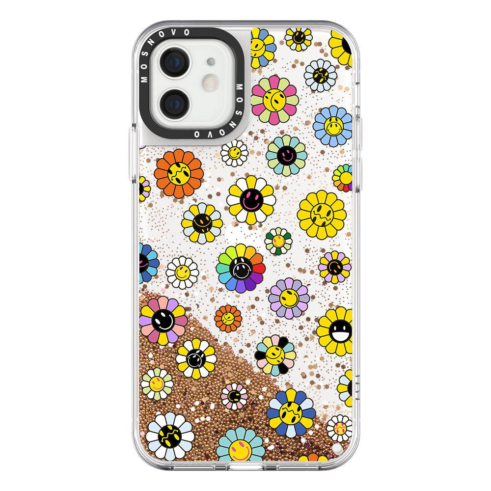 Flower Smiley Face Glitter Phone Case - iPhone 12 Case