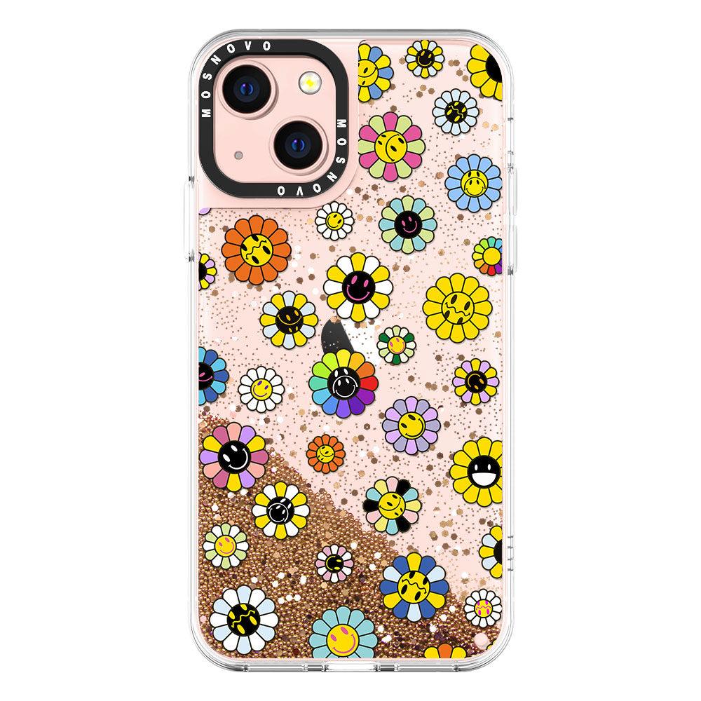 Flower Smiley Face Glitter Phone Case - iPhone 13 Case