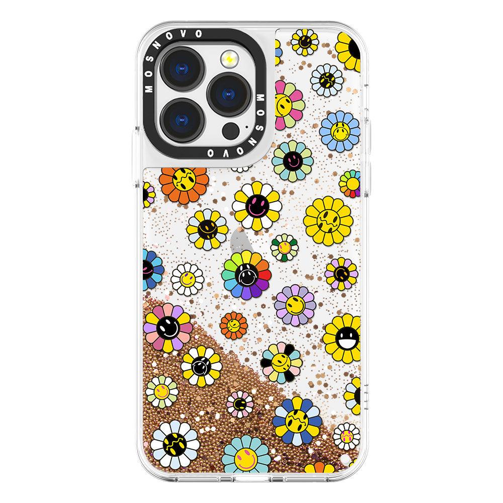 Flower Smiley Face Glitter Phone Case - iPhone 13 Pro Case