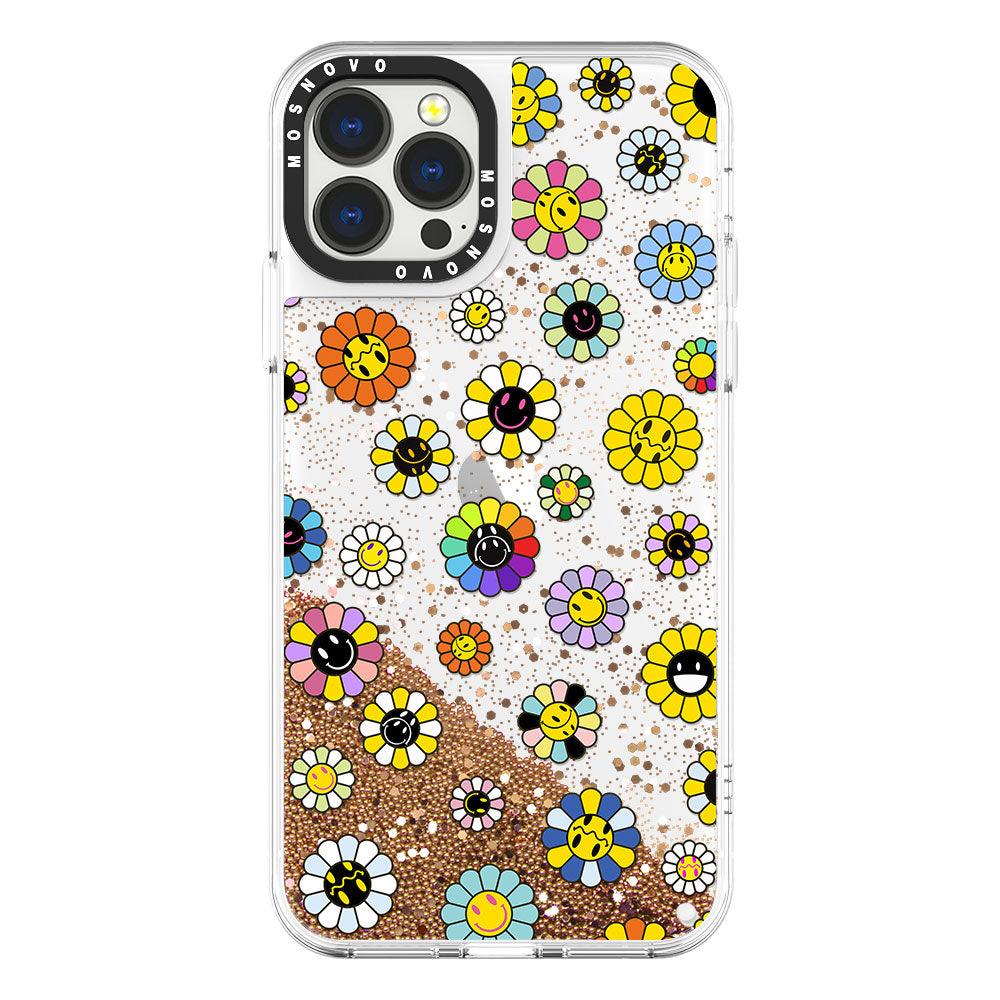 Flower Smiley Face Glitter Phone Case - iPhone 13 Pro Max Case