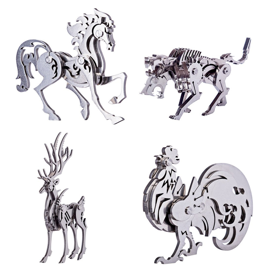 4pcs Metal 3D DIY Assembly Detachable Rooster Cerberus Elk Horse Model Puzzle Kit