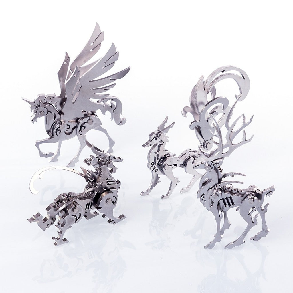 4PCS DIY 3D Assembly Stainless Steel Fox Elk Beast Unicorn Puzzle Toy Model