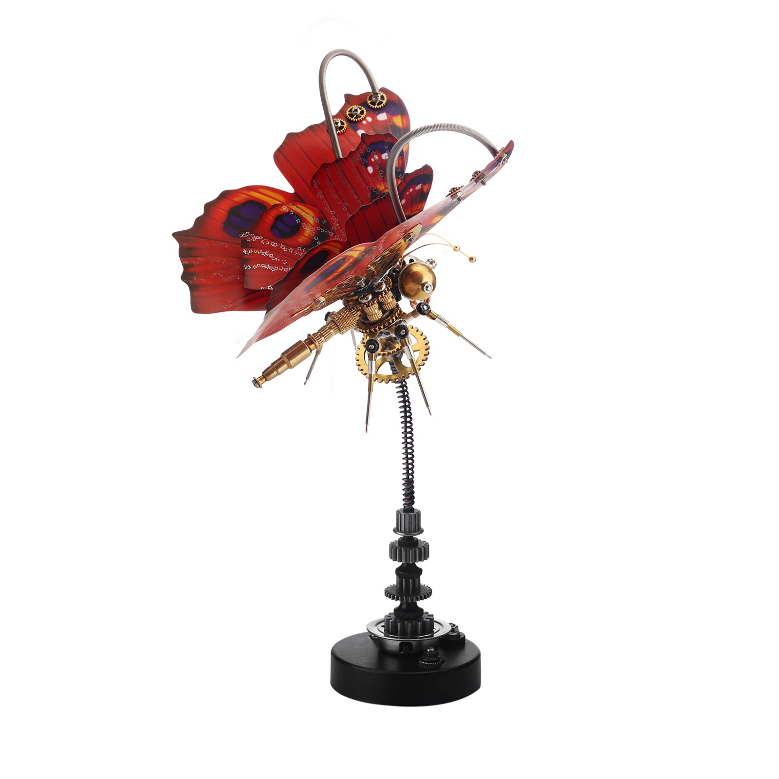 Steampunk 3D Orange-red Peacock Butterfly Model Assembly Kit With Flower Base