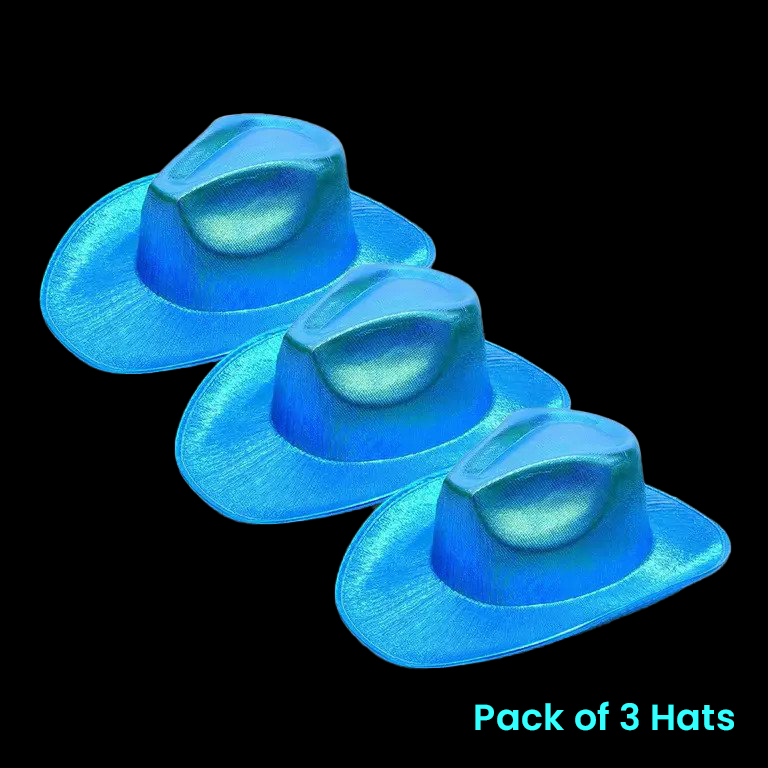 Neon Fun Holographic Iridescent Glitter Space Blue Cowboy Hats - Pack of 3