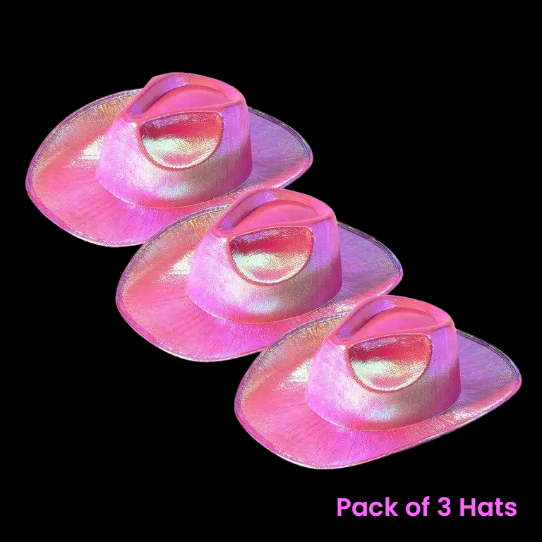 Neon Sparkly Iridescent Glitter Space Pink Cowboy Hats - Pack of 3