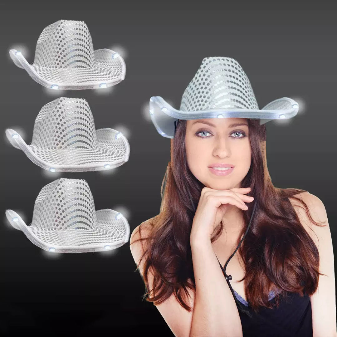 LED Light Up Flashing Sequin White Cowboy Hat - Pack of 3 Hats